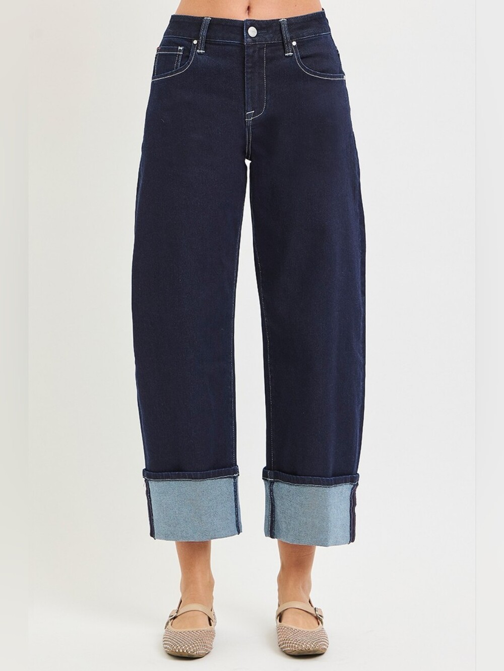 RISEN Deep Dark Wash Cuffed Barrel Jeans Cropped Stretch Classic Various NEW - Picture 3 of 15
